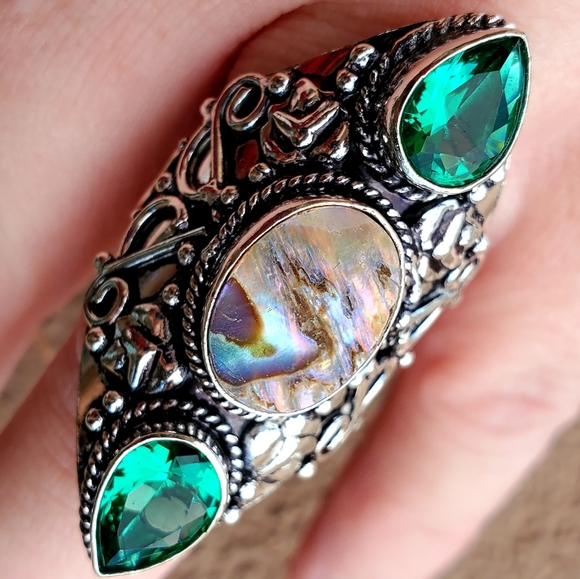 New Abalone Shell & Peridot 925 Silver Statement Ring. - Picture 4 of 16